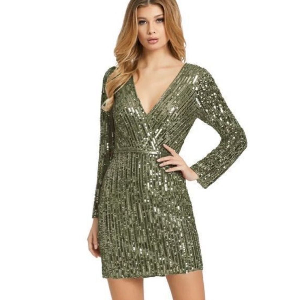 Mac Duggal Olive Green Sequin Long Sleeve Mini Dress